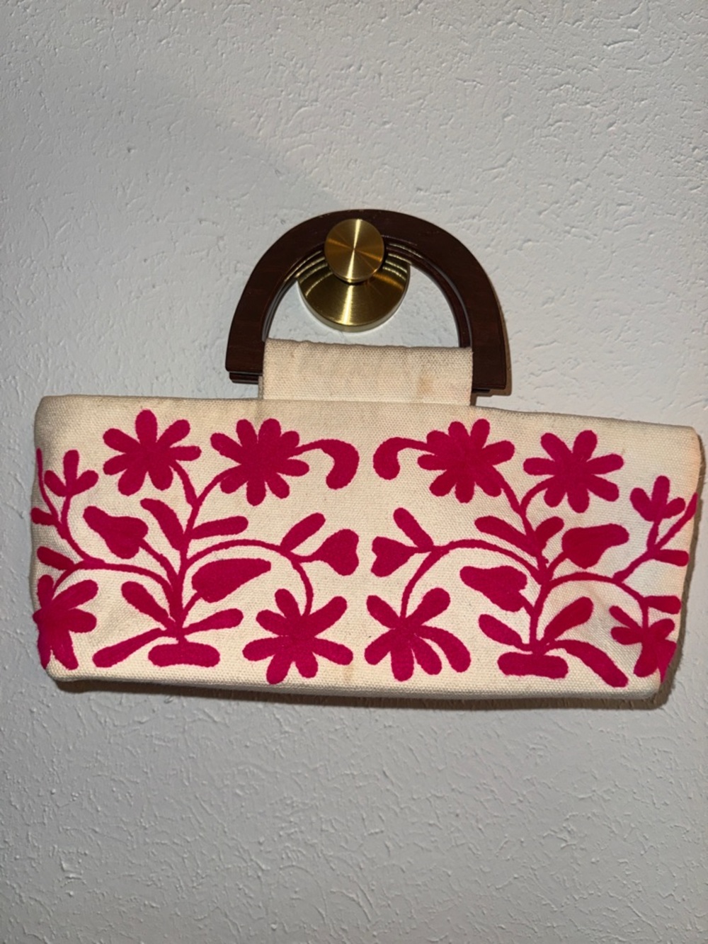 Moyna Cream Canvas Clutch with Hot Pink Floral Embroidery and Wooden Handle